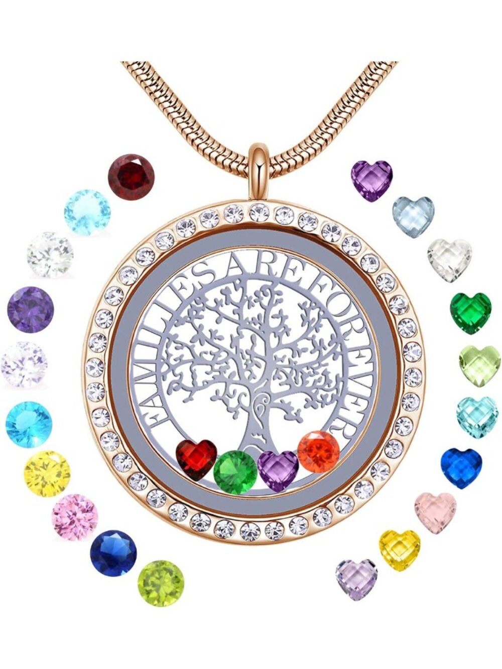 Family Tree of Life Floating Locket Necklace with 24 Birthstones - Forever Love